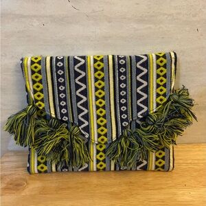 Mud Pie Woven Tassel Envelope Clutch Bag in yellow, navy, and white